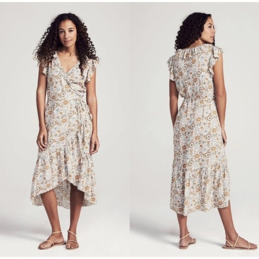 Faherty Carmen Floral Wrap Dress Midi Ruffle Sz Sml Cottage Core Feminine Easter